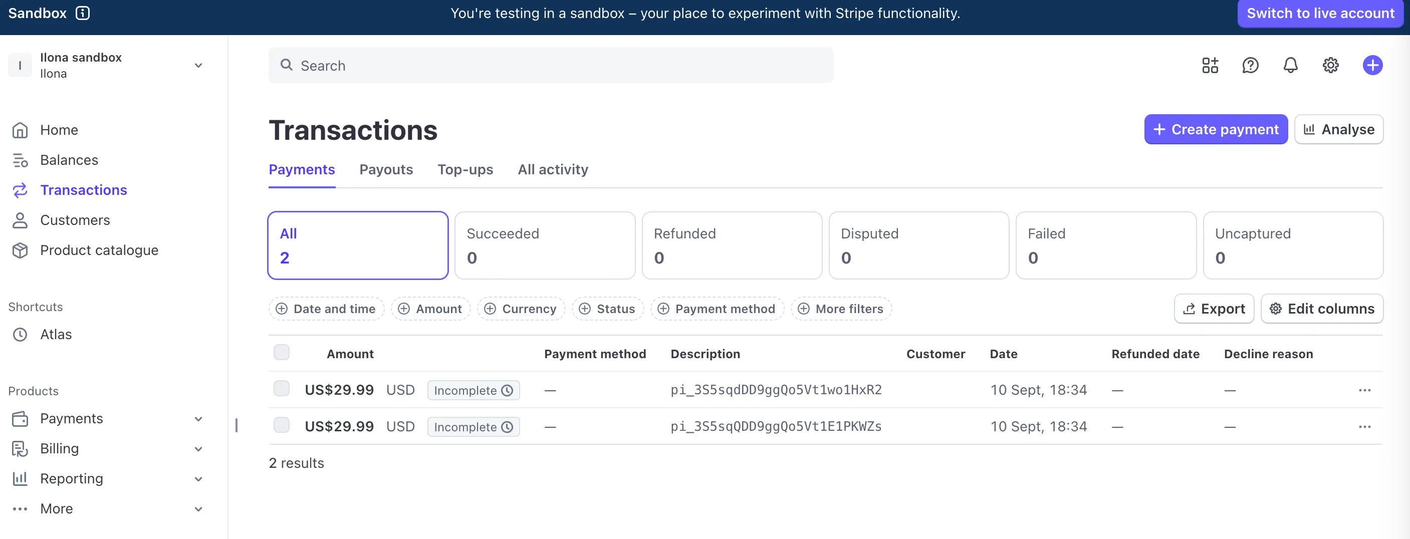 "Zakupione" produkty widoczne w Stripe