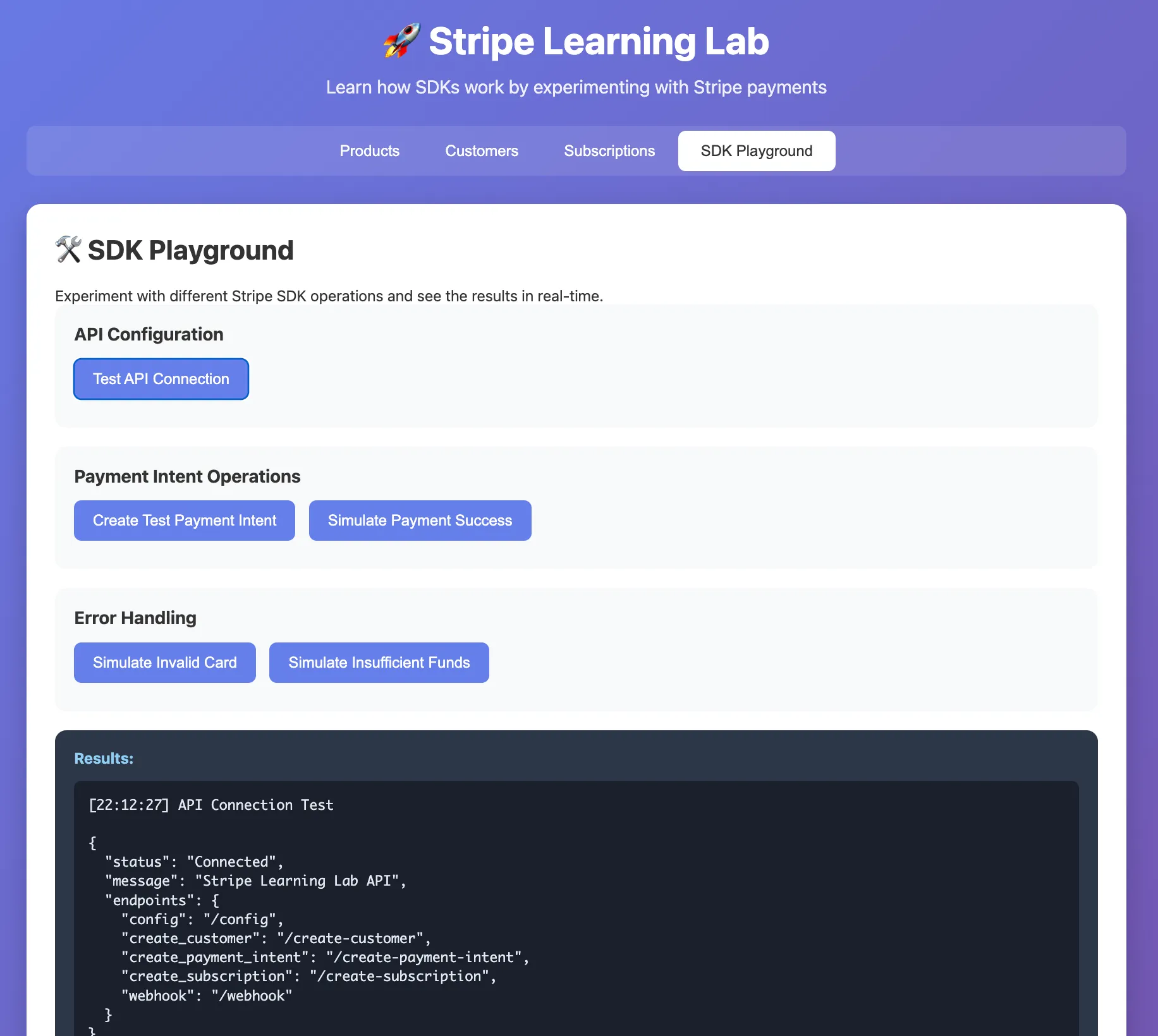 Aplikacja - "learning lab" Stripe SDK